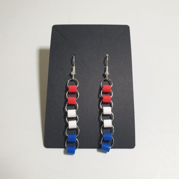 Red White Blue Linked Dangle Earrings Silver Tone Hooks Patriotic Holiday 4th - Picture 1 of 4